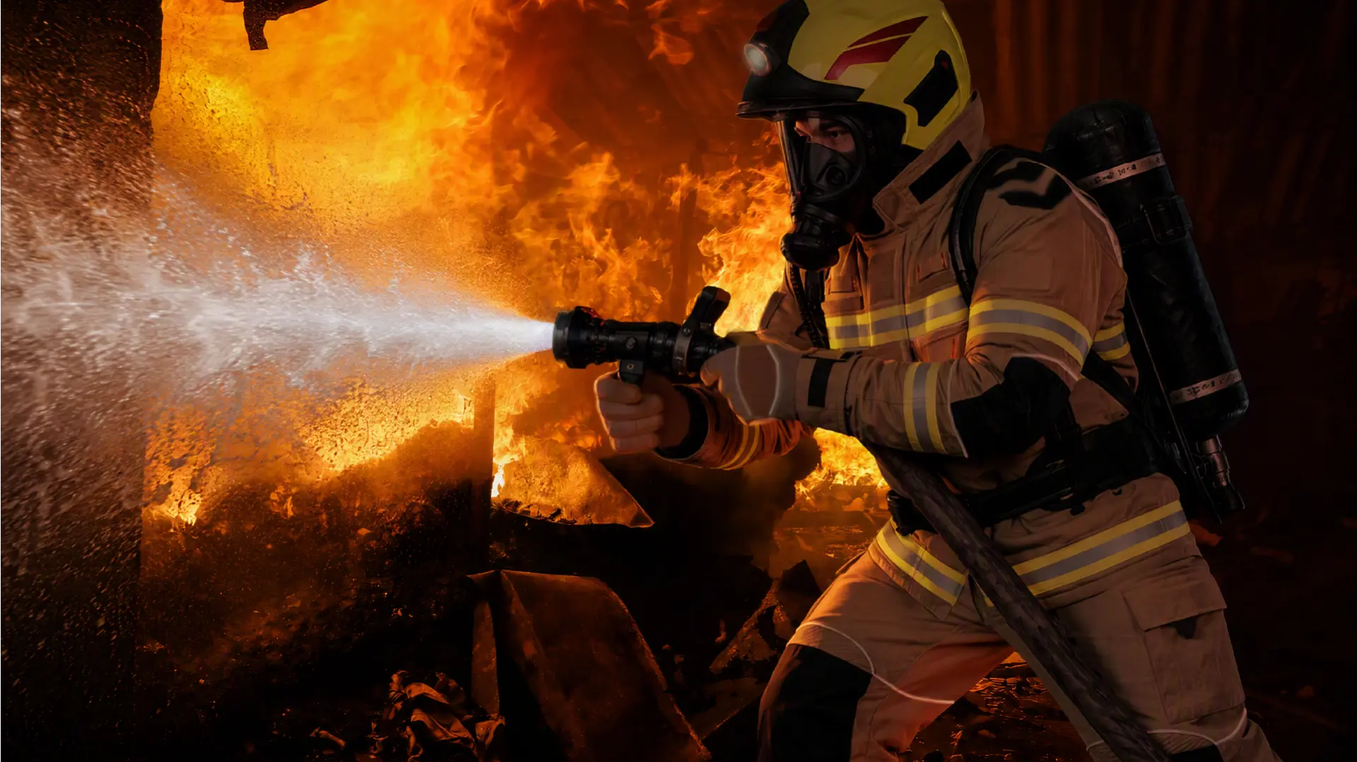 Firefighter working in front of a fire